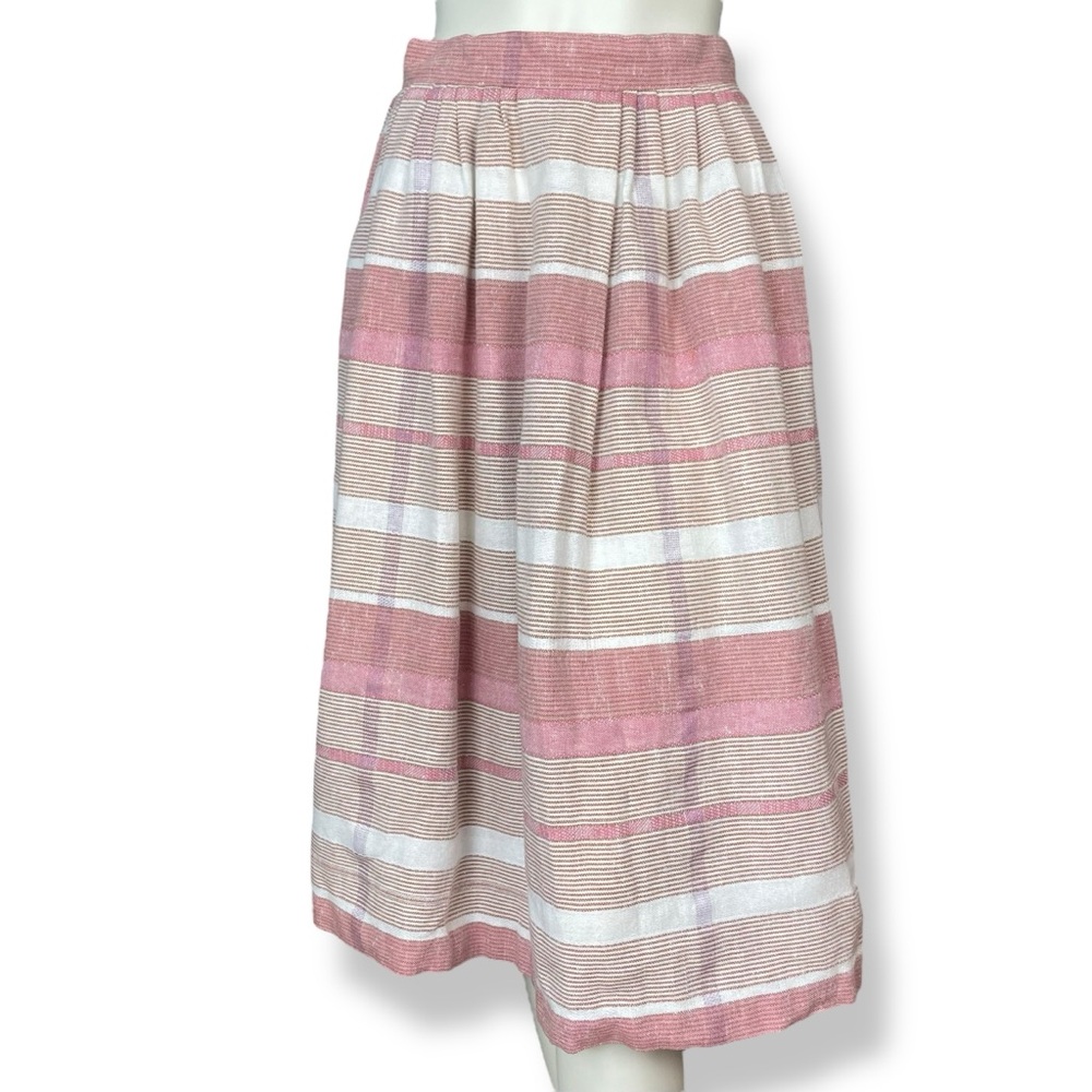 Vintage 80s Skirt Midi Stripes Pockets A-Line Pink White Retro Darts Gathered - Picture 15 of 16